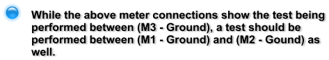 While the above meter connections show the test being performed between (M3 - Ground), a test should be performed between (M1 - Ground) and (M2 - Gound) as well.