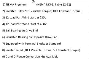 (NEMA MG-1, Table 12-12)   2) Inverter Duty (20:1 Variable Torque; 10:1 Constant Torque)   8) Inveter Rated (10:1 Variable Torque; 5:1 Constant Torque)   7) Equipped with Terminal Blocks as Standard   9) C and D-Flange Conversion Kits Availiable 1) NEMA Premium     5) Ball Bearing on Drive End   4) 12 Lead Part Wind Start at 460V   3) 12 Lead Part Wind start at 230V   6) Insulated Bearing on Opposite Drive End