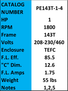 CATALOG  NUMBER PE143T-1-4 HP 1 RPM 1800 Frame 143T Volts 208-230/460 Enclosure TEFC F.L. Eff. 85.5 "C" Dim. 12.6 F.L. Amps 1.75 Weight 55 lbs Notes 1,2,5