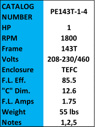 CATALOG  NUMBER PE143T-1-4 HP 1 RPM 1800 Frame 143T Volts 208-230/460 Enclosure TEFC F.L. Eff. 85.5 "C" Dim. 12.6 F.L. Amps 1.75 Weight 55 lbs Notes 1,2,5