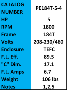CATALOG  NUMBER PE184T-5-4 HP 5 RPM 1800 Frame 184T Volts 208-230/460 Enclosure TEFC F.L. Eff. 89.5 "C" Dim. 17.1 F.L. Amps 6.7 Weight 106 lbs Notes 1,2,5