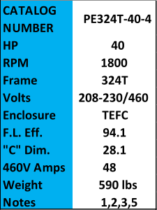 CATALOG  NUMBER PE324T-40-4 HP 40 RPM 1800 Frame 324T Volts 208-230/460 Enclosure TEFC F.L. Eff. 94.1 "C" Dim. 28.1 460V Amps 48 Weight 590 lbs Notes 1,2,3,5